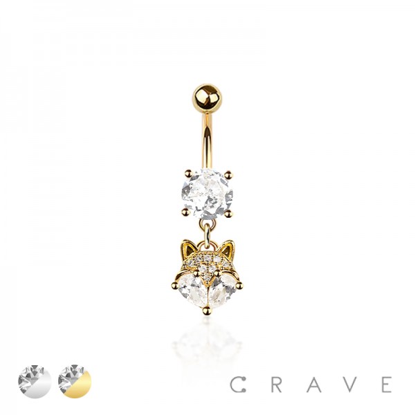 316L SURGICAL STEEL CZ FOX DANGLE BELLY BUTTON NAVEL RING 